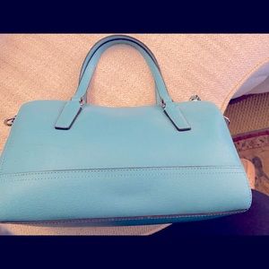 Cute Coach blue Saffiano leather satchel.  Top zip, shoulder strap, charm.